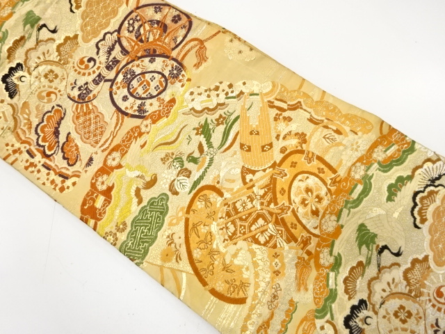 JAPANESE KIMONO / ANTIQUE MARU OBI / WOVEN CRANE & FLOWER